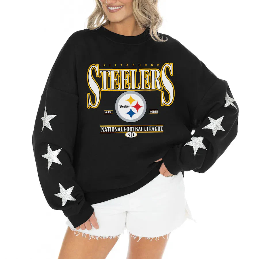 Women's Pittsburgh Steelers Gameday Couture Black Rhinestone Star Sleeve Settle the Score Oversized Tri-Blend Pullover Jacket99