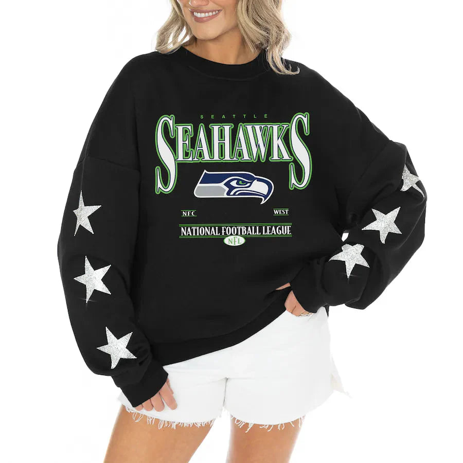 Women's Seattle Seahawks Gameday Couture Black Rhinestone Star Sleeve Settle the Score Oversized Tri-Blend Pullover Jacket99