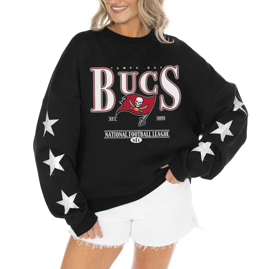 Women's Tampa Bay Buccaneers Gameday Couture Black Rhinestone Star Sleeve Settle the Score Oversized Tri-Blend Pullover Jacket99