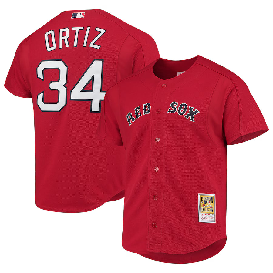 Men's Boston Red Sox David Ortiz Mitchell & Ness Red Cooperstown Collection Mesh Batting Practice Button-Up Jersey Kansas Jacket