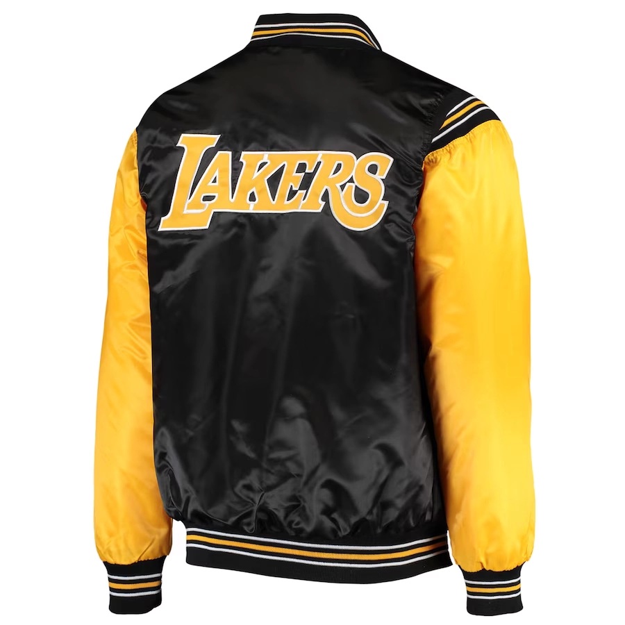 Los-Angeles-Lakers-Enforcer-Full-Snap-Satin-Varsity-Jackets Los Angeles Lakers Enforcer Full-Snap Satin Varsity Jacket