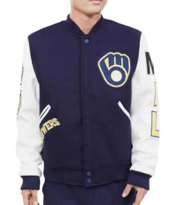 Milwaukee Brewers Blue and White Letterman Jacket