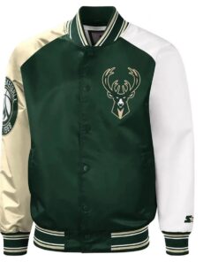 Milwaukee Bucks Hunter Green and Cream Varsity Satin Jacket