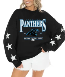 Women's Carolina Panthers Gameday Couture Black Rhinestone Star Sleeve Settle the Score Oversized Tri-Blend Pullover