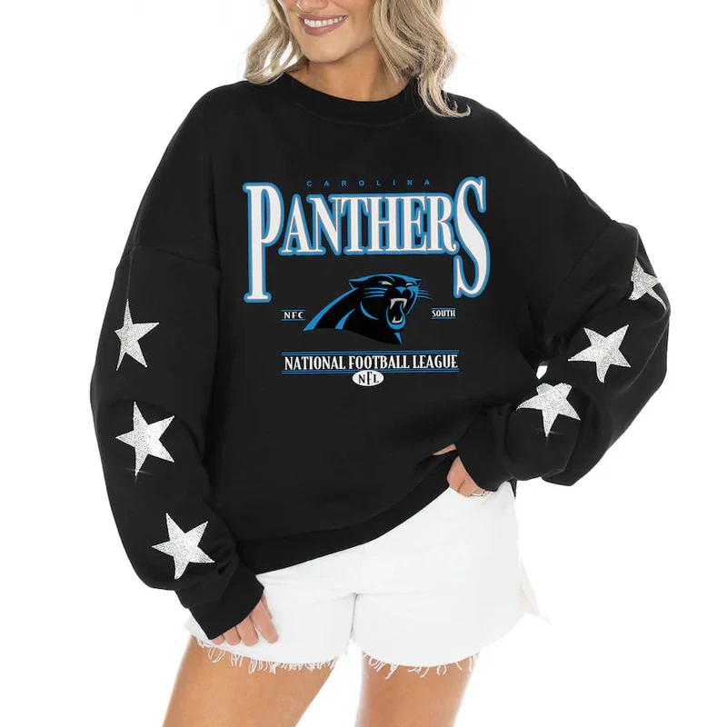 Women's Carolina Panthers Gameday Couture Black Rhinestone Star Sleeve Settle the Score Oversized Tri-Blend Pullover