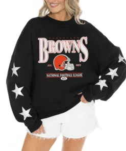 Women's Cleveland Browns Gameday Couture Black Rhinestone Star Sleeve Settle the Score Oversized Tri-Blend Pullover