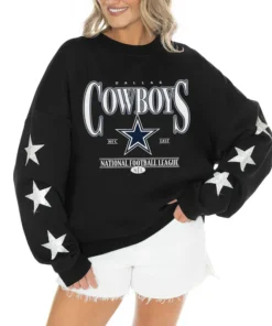 Women's Dallas Cowboys Gameday Couture Black Rhinestone Star Sleeve Settle the Score Oversized Tri-Blend Pullover