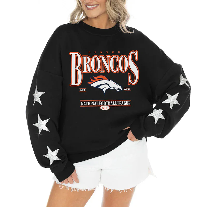 Women's Denver Broncos Gameday Couture Black Rhinestone Star Sleeve Settle the Score Oversized Tri-Blend Pullover