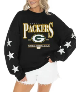 Women's Green Bay Packers Gameday Couture Black Rhinestone Star Sleeve Settle the Score Oversized Tri-Blend Pullover