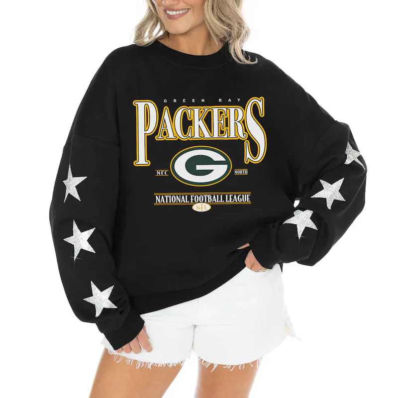 Women's Green Bay Packers Gameday Couture Black Rhinestone Star Sleeve Settle the Score Oversized Tri-Blend Pullover