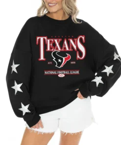 Women's Houston Texans Gameday Couture Black Rhinestone Star Sleeve Settle the Score Oversized Tri-Blend Pullover
