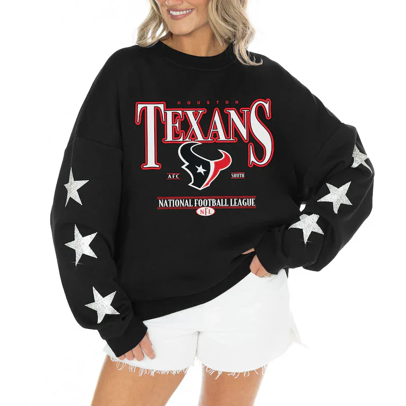 Women's Houston Texans Gameday Couture Black Rhinestone Star Sleeve Settle the Score Oversized Tri-Blend Pullover