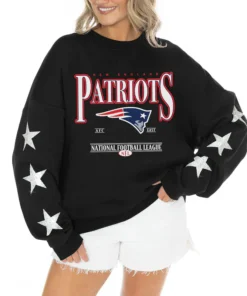 Women's New England Patriots Gameday Couture Black Rhinestone Star Sleeve Settle the Score Oversized Tri-Blend Pullover
