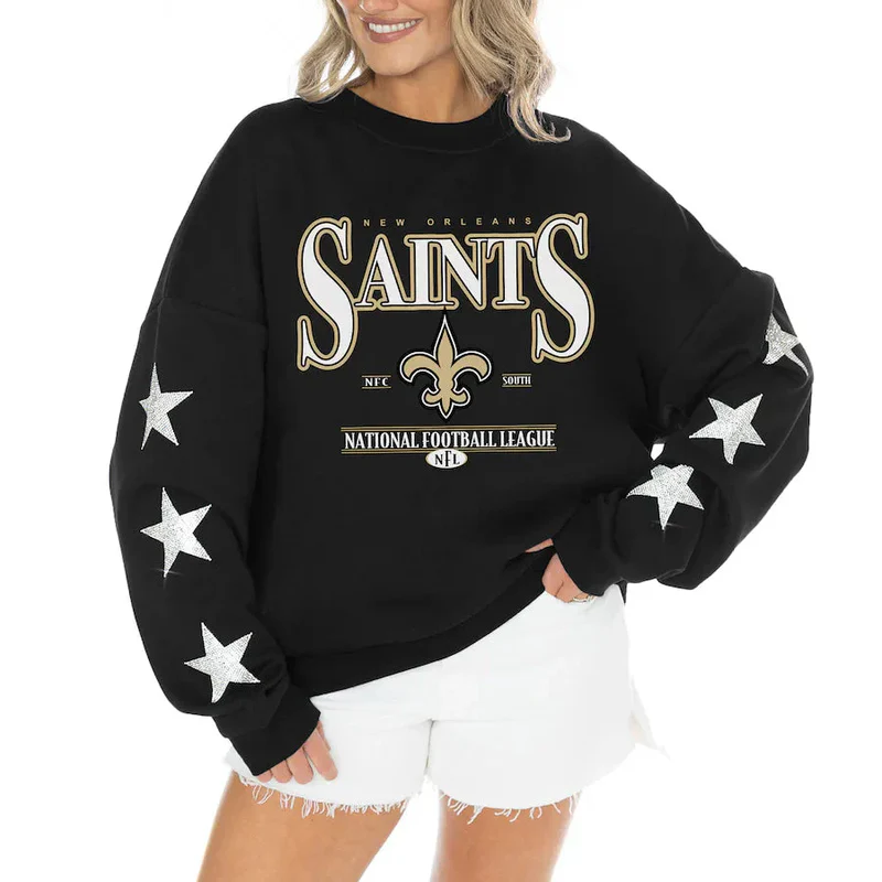 Women's New Orleans Saints Gameday Couture Black Rhinestone Star Sleeve Settle the Score Oversized Tri-Blend Pullover