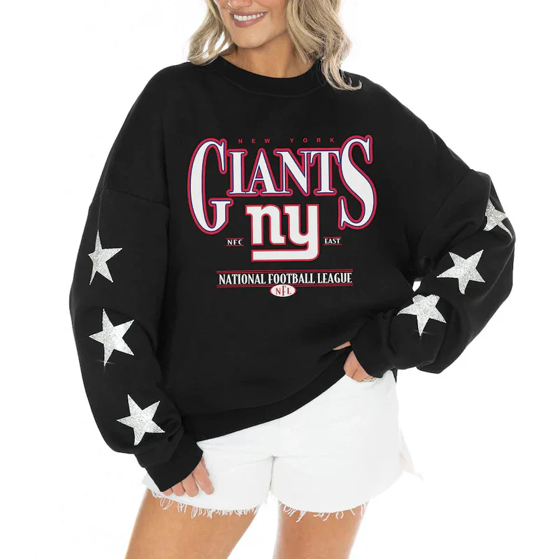 Women's New York Giants Gameday Couture Black Rhinestone Star Sleeve Settle the Score Oversized Tri-Blend Pullover