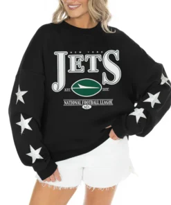 Women's New York Jets Gameday Couture Black Rhinestone Star Sleeve Settle the Score Oversized Tri-Blend Pullover