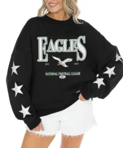 Women's Philadelphia Eagles Gameday Couture Black Rhinestone Star Sleeve Settle the Score Oversized Tri-Blend Pullover