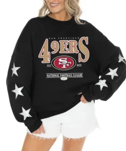 Women's San Francisco 49ers Gameday Couture Black Rhinestone Star Sleeve Settle the Score Oversized Tri-Blend Pullover