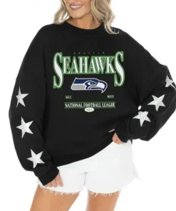 Women's Seattle Seahawks Gameday Couture Black Rhinestone Star Sleeve Settle the Score Oversized Tri-Blend Pullover