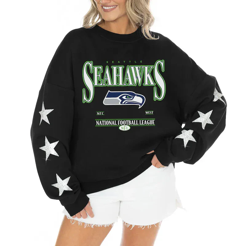 Women's Seattle Seahawks Gameday Couture Black Rhinestone Star Sleeve Settle the Score Oversized Tri-Blend Pullover