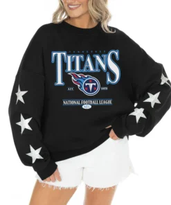 Women's Tennessee Titans Gameday Couture Black Rhinestone Star Sleeve Settle the Score Oversized Tri-Blend Pullover