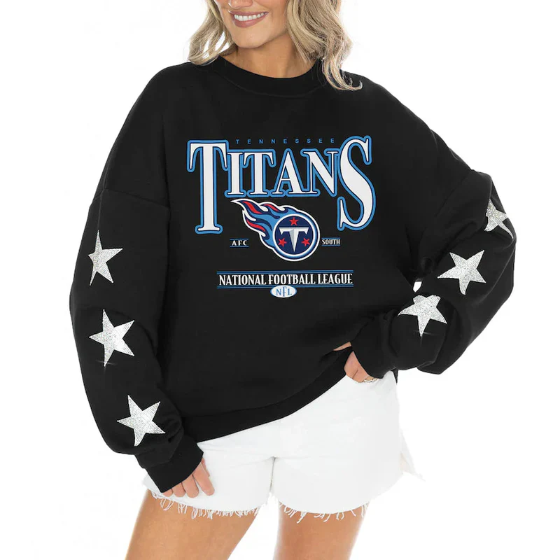 Women's Tennessee Titans Gameday Couture Black Rhinestone Star Sleeve Settle the Score Oversized Tri-Blend Pullover