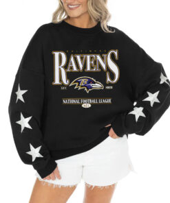 Women's Baltimore Ravens Gameday Couture Black Rhinestone Star Sleeve Settle the Score Oversized Tri-Blend Pullover