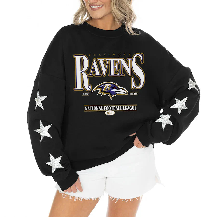 Women's Baltimore Ravens Gameday Couture Black Rhinestone Star Sleeve Settle the Score Oversized Tri-Blend Pullover