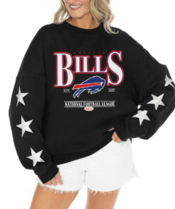 Women's Buffalo Bills Gameday Couture Black Rhinestone Star Sleeve Settle the Score Oversized Tri-Blend Pullover