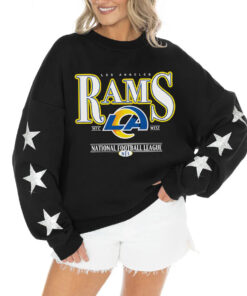Women's Los Angeles Rams Gameday Couture Black Rhinestone Star Sleeve Settle the Score Oversized Tri-Blend Pullover