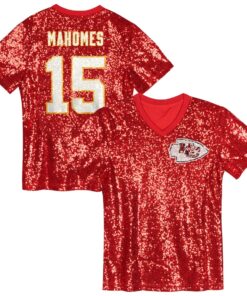 Girls Youth Patrick Mahomes Red Kansas City Chiefs Sequin V-Neck Fashion Jersey