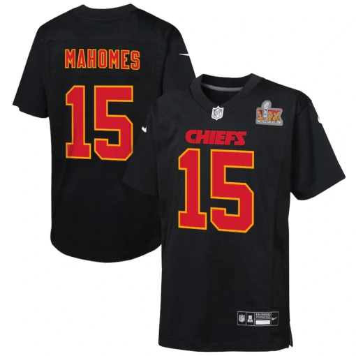 Youth Nike Patrick Mahomes Carbon Black Kansas City Chiefs Super Bowl LIX Patch Fashion Game Jersey