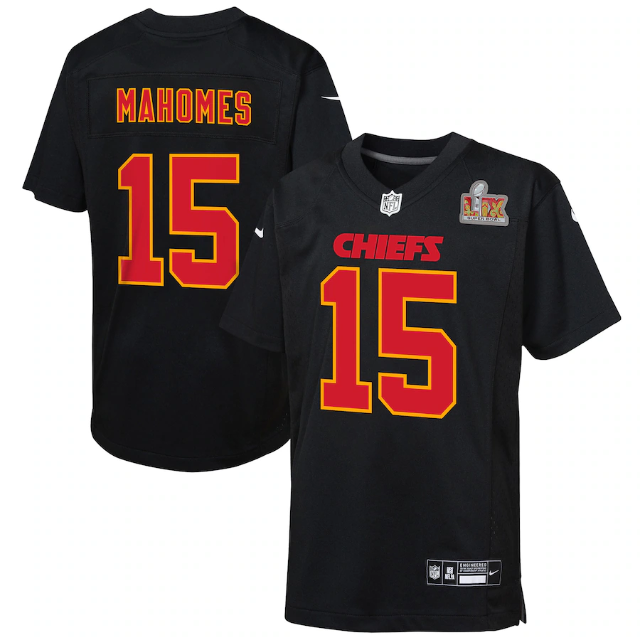 Youth Nike Patrick Mahomes Carbon Black Kansas City Chiefs Super Bowl LIX Patch Fashion Game Jersey