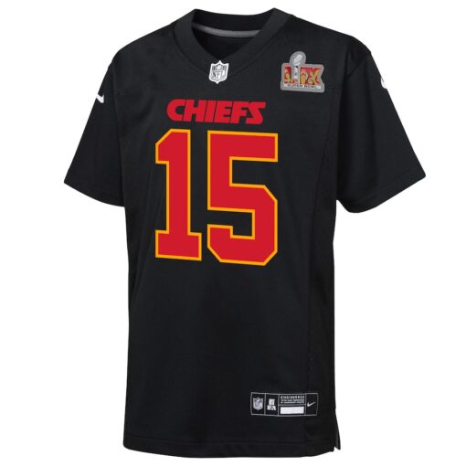 Youth Nike Patrick Mahomes Carbon Black Kansas City Chiefs Super Bowl LIX Patch Fashion Game Jersey